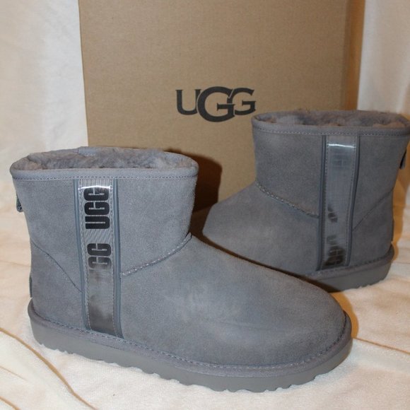 NIB UGG MINI‎ LOGO SUEDE SHEARLING LINED ANKLE BOOTS GRAY 9 - Picture 1 of 7